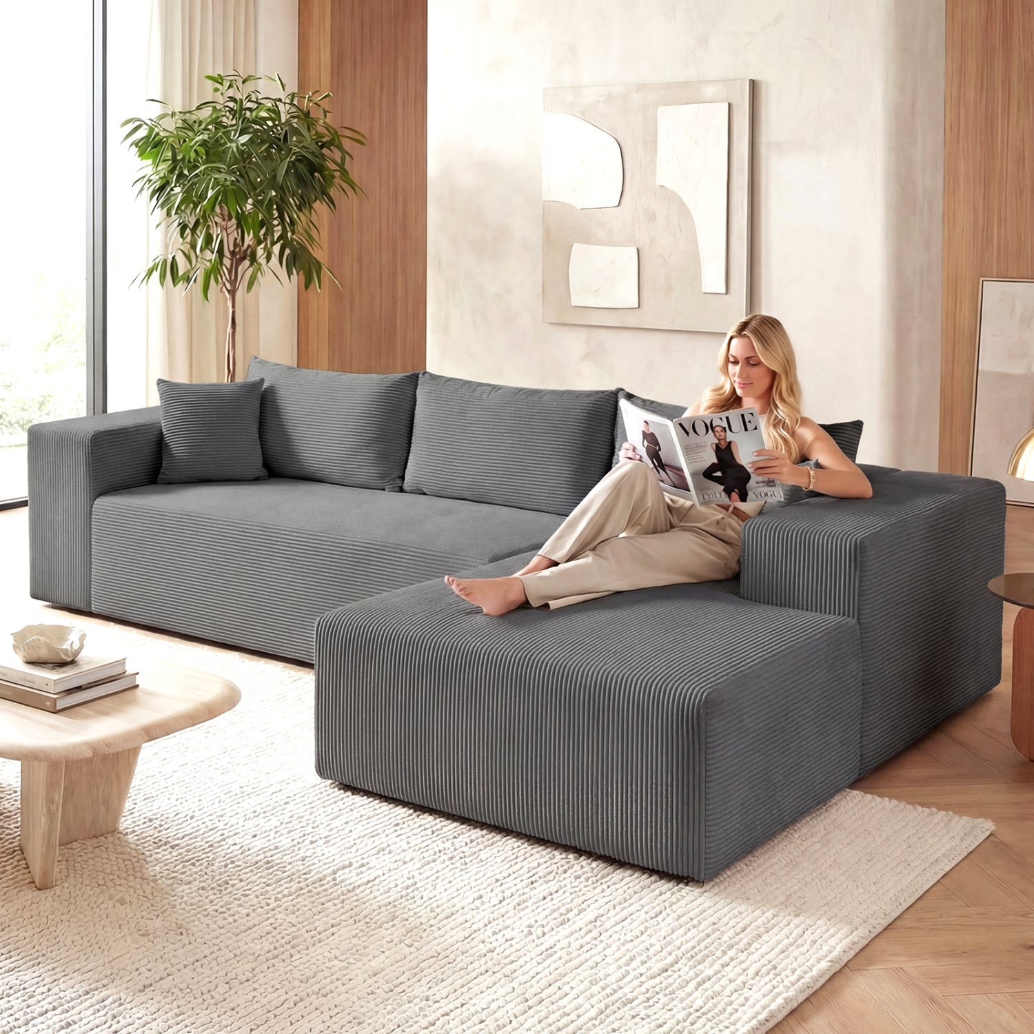 Costway Modular L-Shaped Corduroy Sectional Sofa Deep Seats 83403305 New