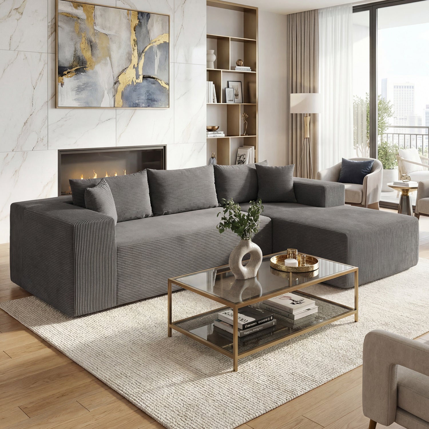 Costway Modular L-Shaped Corduroy Sectional Sofa Deep Seats 83403305 New