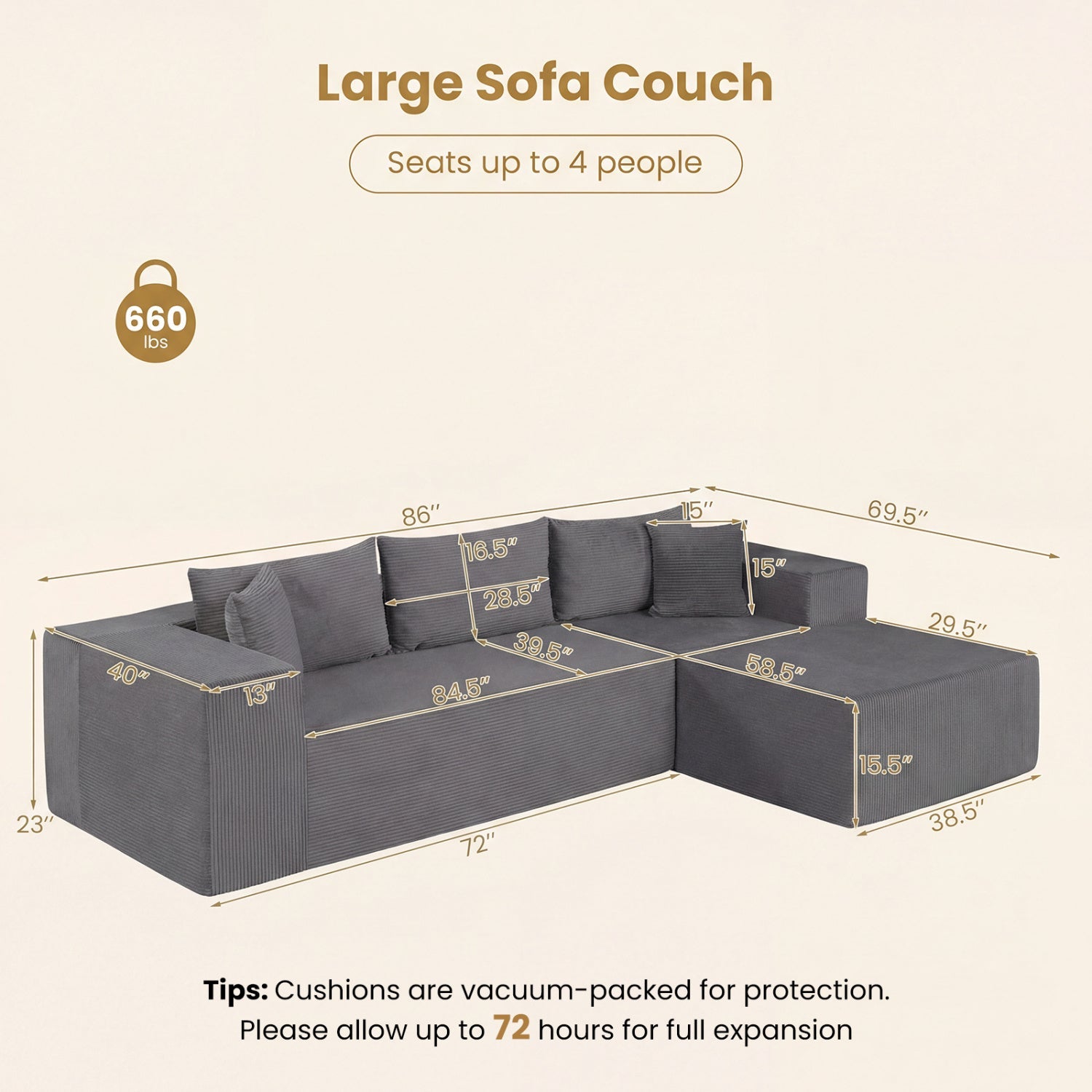 Costway Modular L-Shaped Corduroy Sectional Sofa Deep Seats 83403305 New