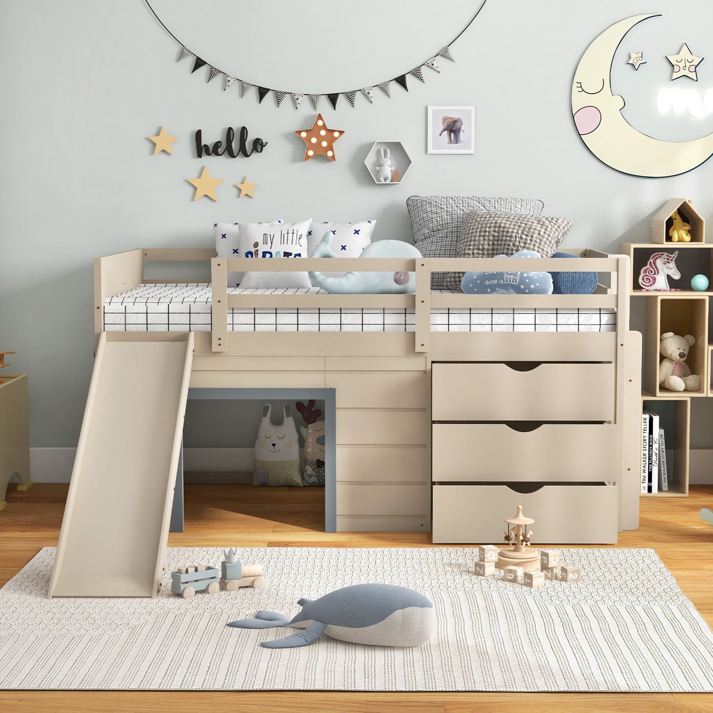 Costway Twin Loft Bed w/ Slide Ladder Drawers for Kids Teens 74651298 New