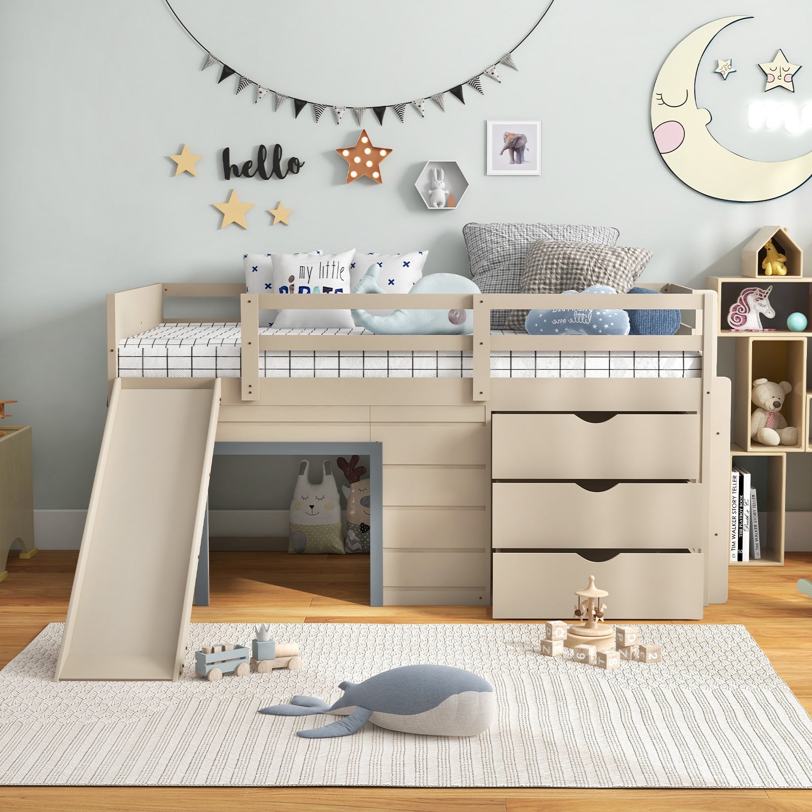Costway Twin Loft Bed w/ Slide Ladder Drawers for Kids Teens 74651298 New
