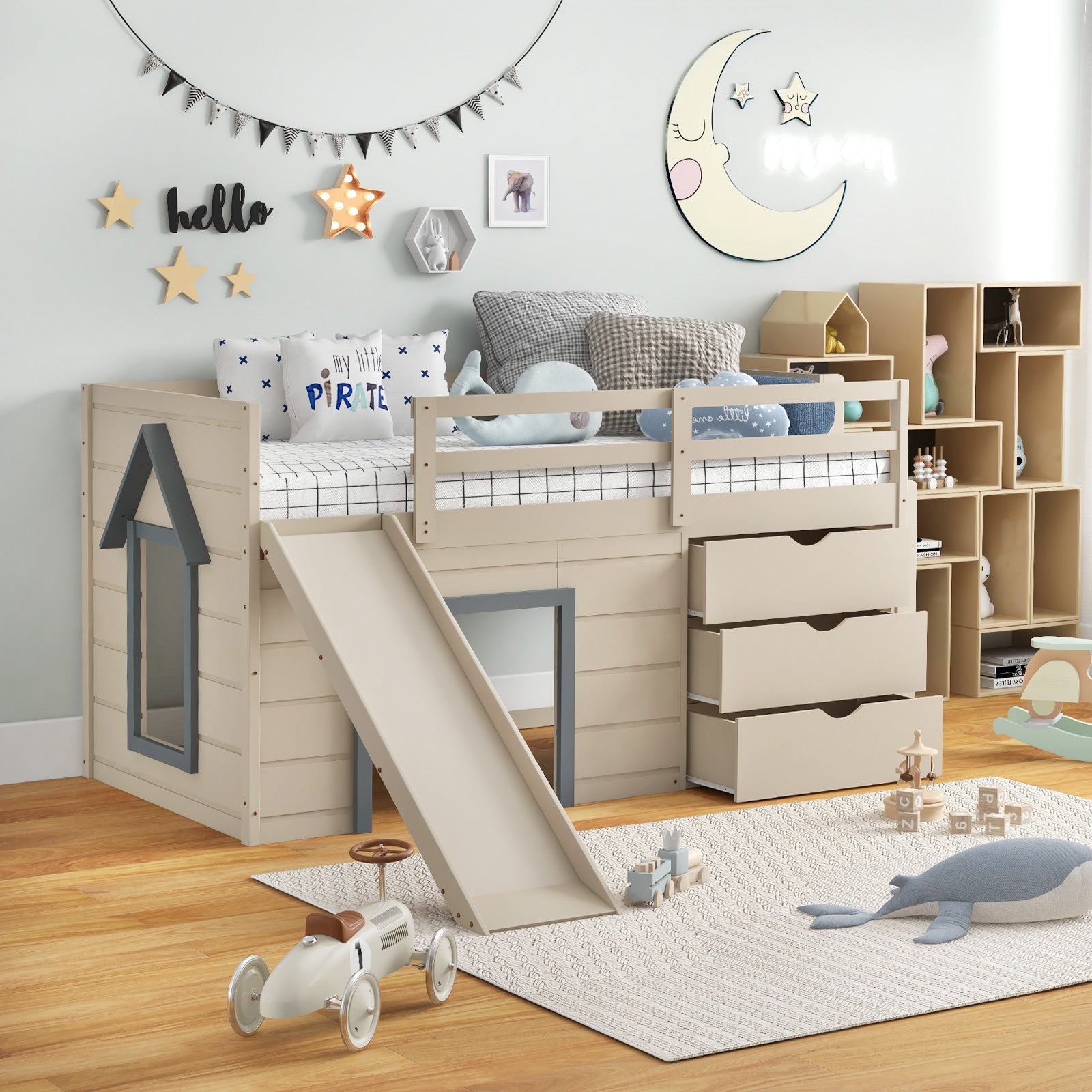 Costway Twin Loft Bed w/ Slide Ladder Drawers for Kids Teens 74651298 New