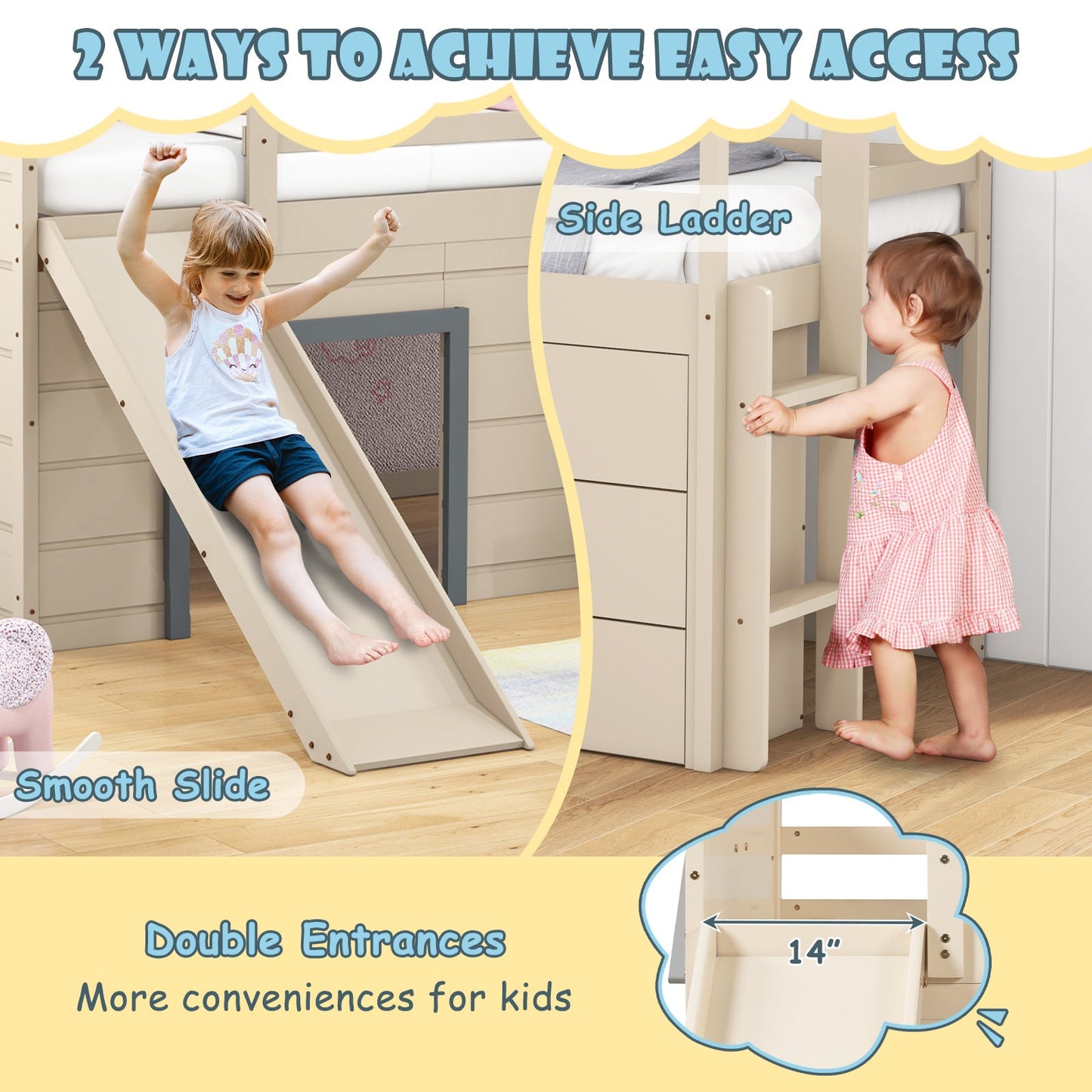Costway Twin Loft Bed w/ Slide Ladder Drawers for Kids Teens 74651298 New