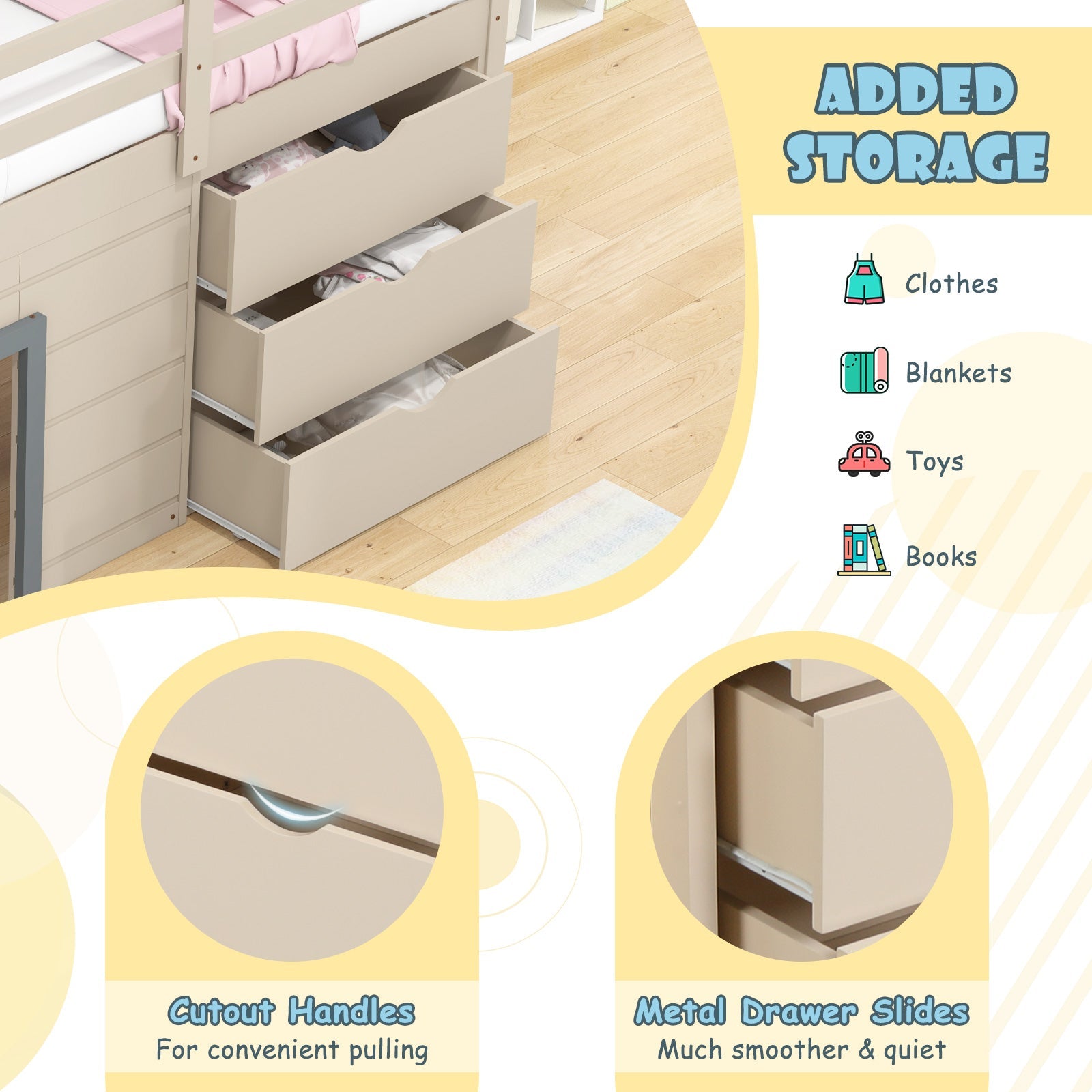 Costway Twin Loft Bed w/ Slide Ladder Drawers for Kids Teens 74651298 New