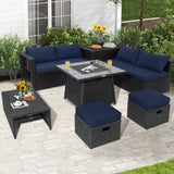 Costway 9-Piece Outdoor Wicker Sectional Sofa Set with 35" Gas Fire Pit Table Navy 95314267 New