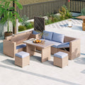 Olurrisa Outdoor 6-Piece All Weather PE Rattan Sofa Set, Garden Patio Wicker Sectional Furniture Set with Adjustable Seat, Storage Box, Removable Covers and Tempered Glass Top Table, Natural