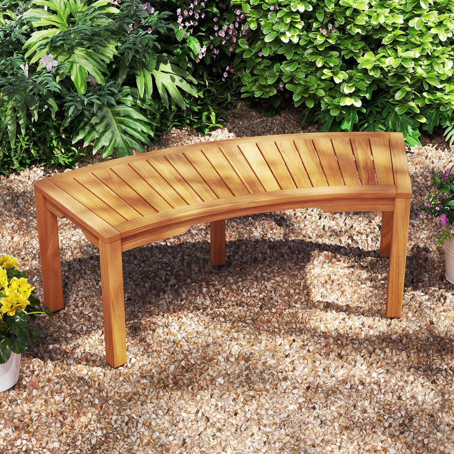 Costway 2-Person Outdoor Curved Acacia Wood Garden Bench Set of 7 814672935 New