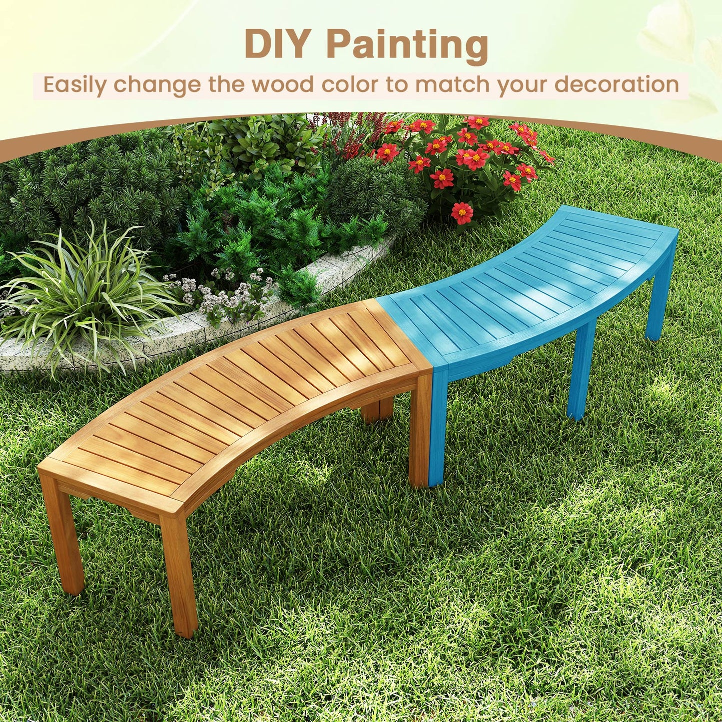 Costway 2-Person Outdoor Curved Acacia Wood Garden Bench Set of 7 814672935 New