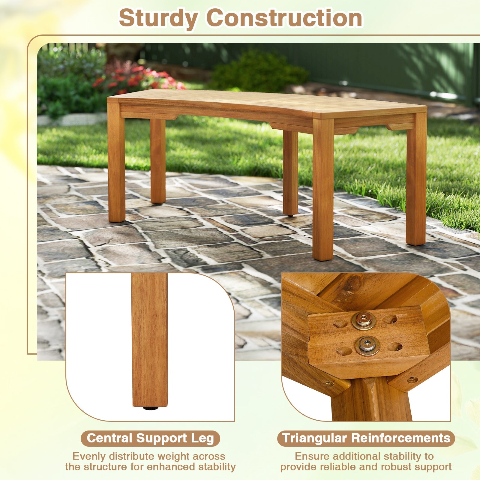 Costway 2-Person Outdoor Curved Acacia Wood Garden Bench Set of 7 814672935 New