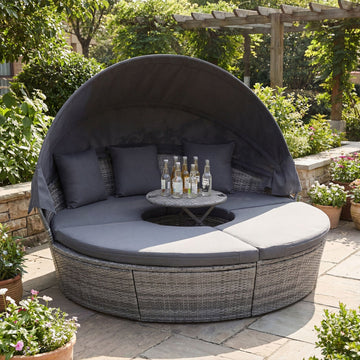 Costway Outdoor PE Wicker Round Daybed Retractable Canopy Cushions 68139457 New