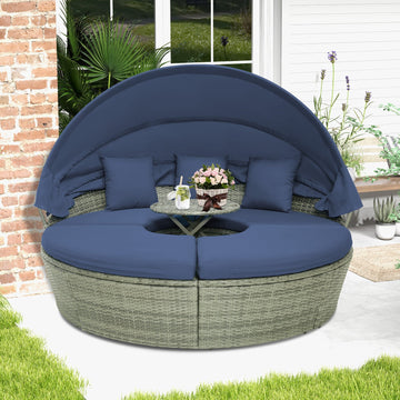 Costway Outdoor PE Wicker Round Daybed Retractable Canopy Cushions 68139457 New