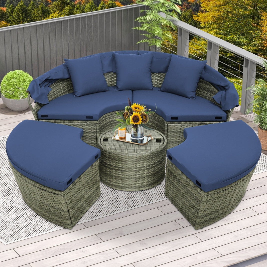 Costway Outdoor PE Wicker Round Daybed Retractable Canopy Cushions 68139457 New