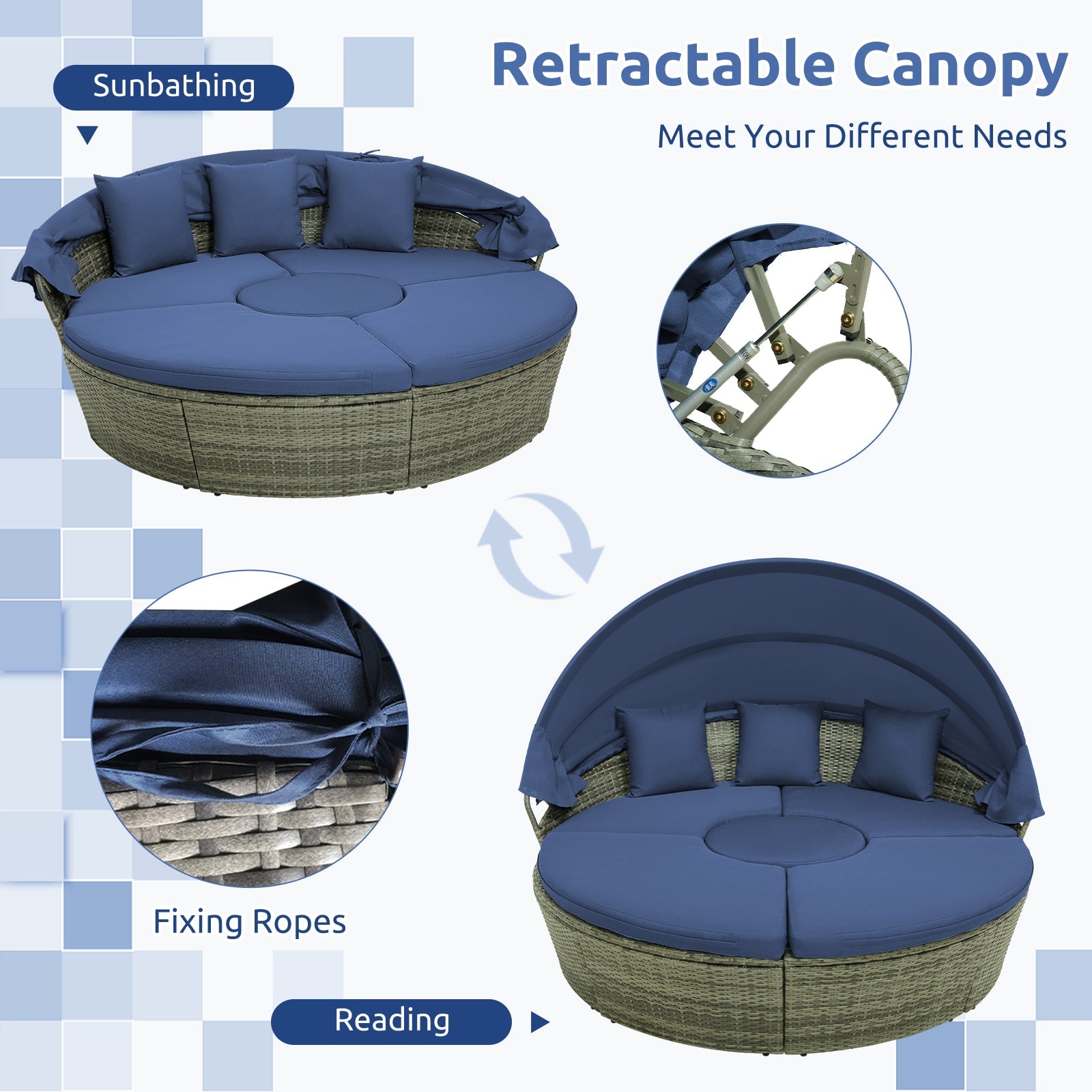 Costway Outdoor PE Wicker Round Daybed Retractable Canopy Cushions 68139457 New