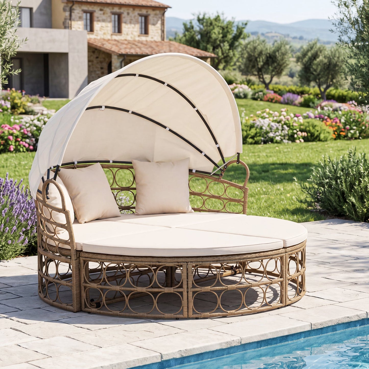 Costway Outdoor Patio Daybed Retractable Canopy Cushions Wicker Rattan Chaise Lounge 86235604 New