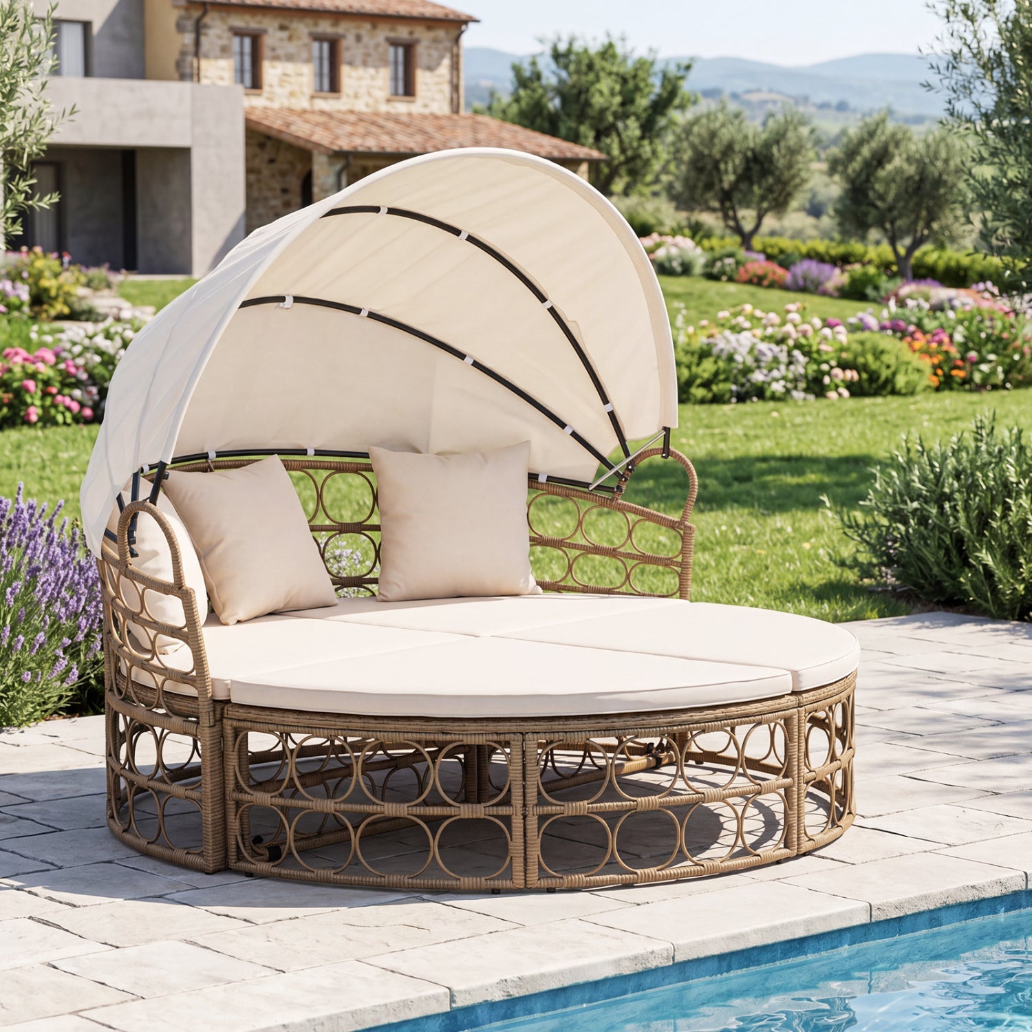 Costway Outdoor Patio Daybed Retractable Canopy Cushions Wicker Rattan Chaise Lounge 86235604 New