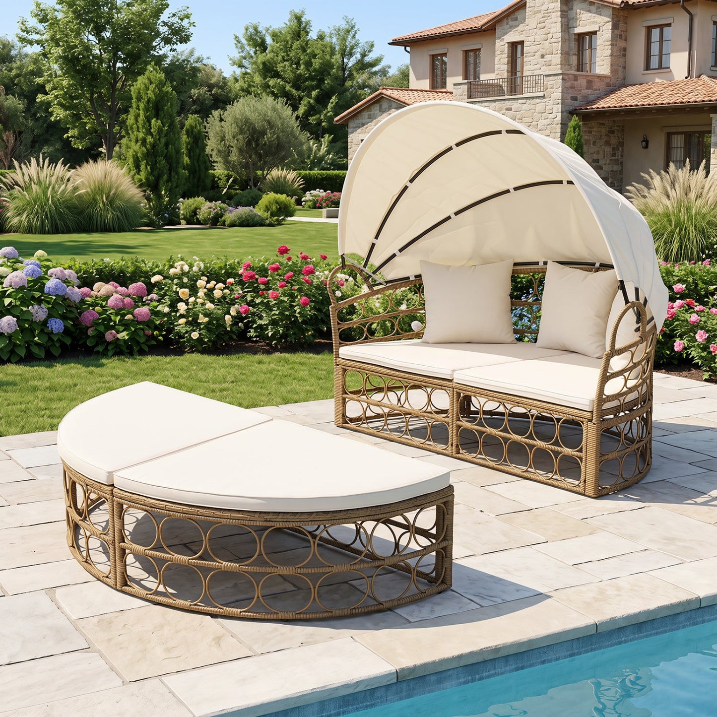 Costway Outdoor Patio Daybed Retractable Canopy Cushions Wicker Rattan Chaise Lounge 86235604 New