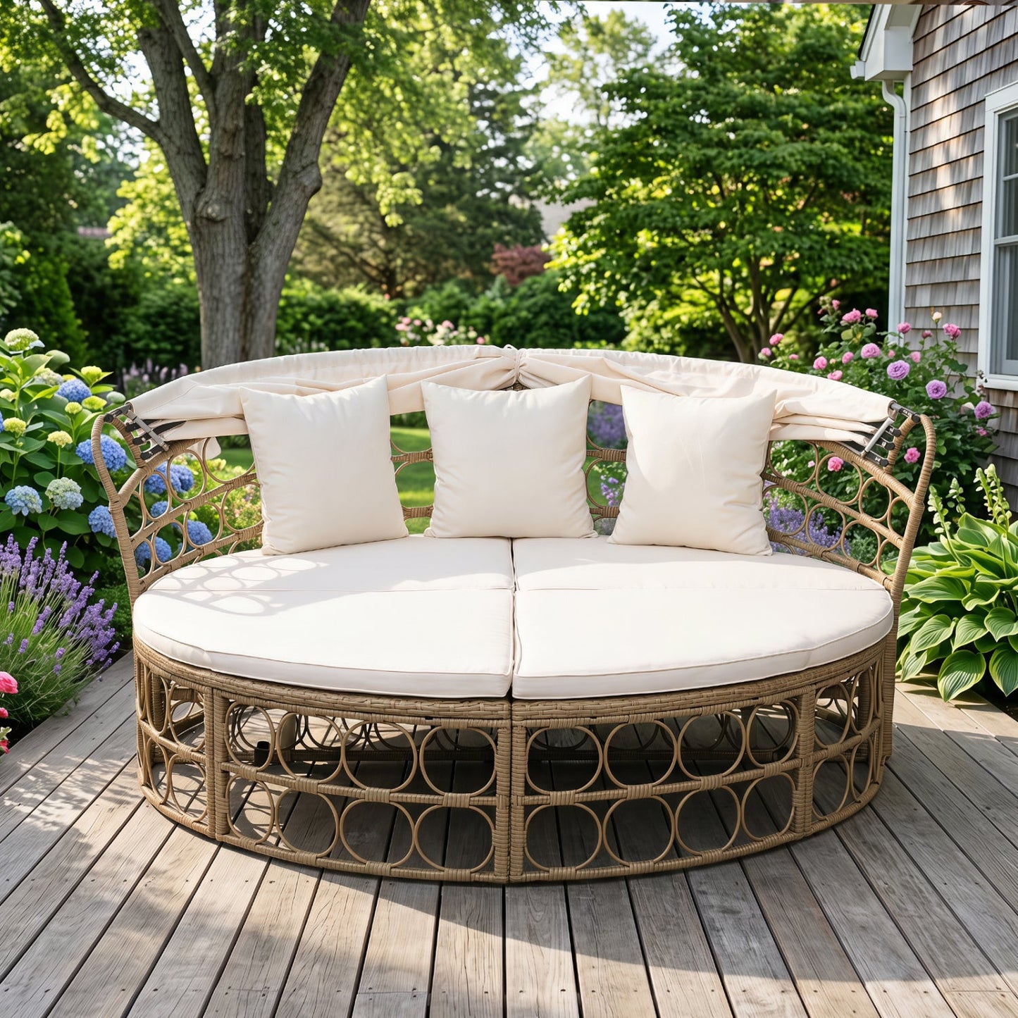 Costway Outdoor Patio Daybed Retractable Canopy Cushions Wicker Rattan Chaise Lounge 86235604 New
