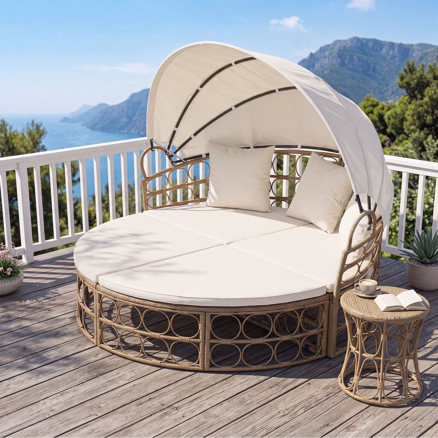Costway Outdoor Patio Daybed Retractable Canopy Cushions Wicker Rattan Chaise Lounge 86235604 New