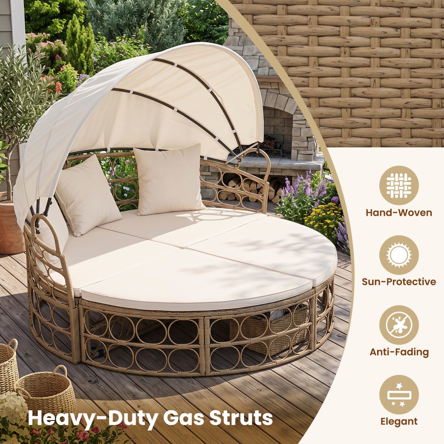 Costway Outdoor Patio Daybed Retractable Canopy Cushions Wicker Rattan Chaise Lounge 86235604 New