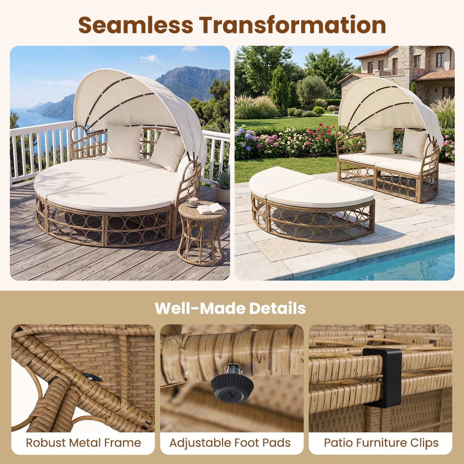 Costway Outdoor Patio Daybed Retractable Canopy Cushions Wicker Rattan Chaise Lounge 86235604 New