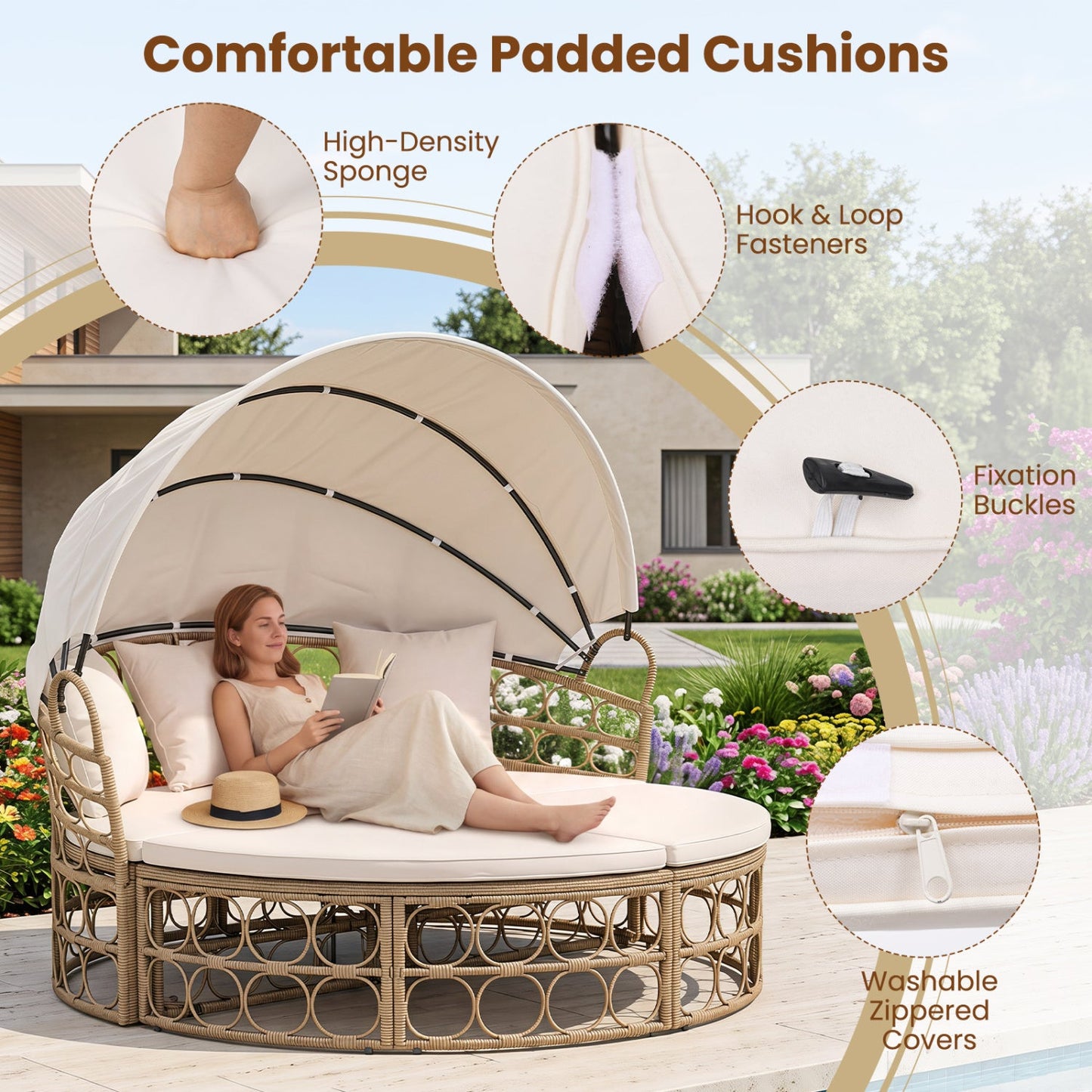 Costway Outdoor Patio Daybed Retractable Canopy Cushions Wicker Rattan Chaise Lounge 86235604 New