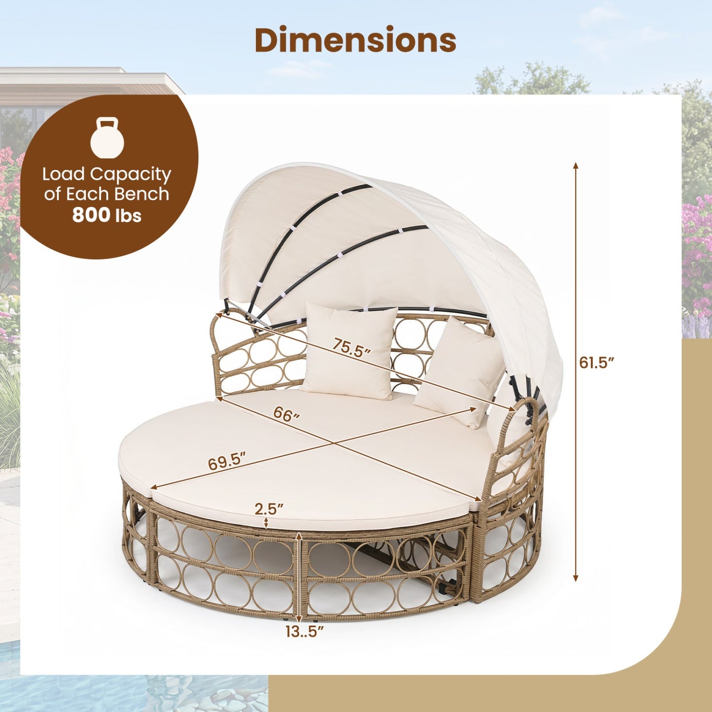 Costway Outdoor Patio Daybed Retractable Canopy Cushions Wicker Rattan Chaise Lounge 86235604 New