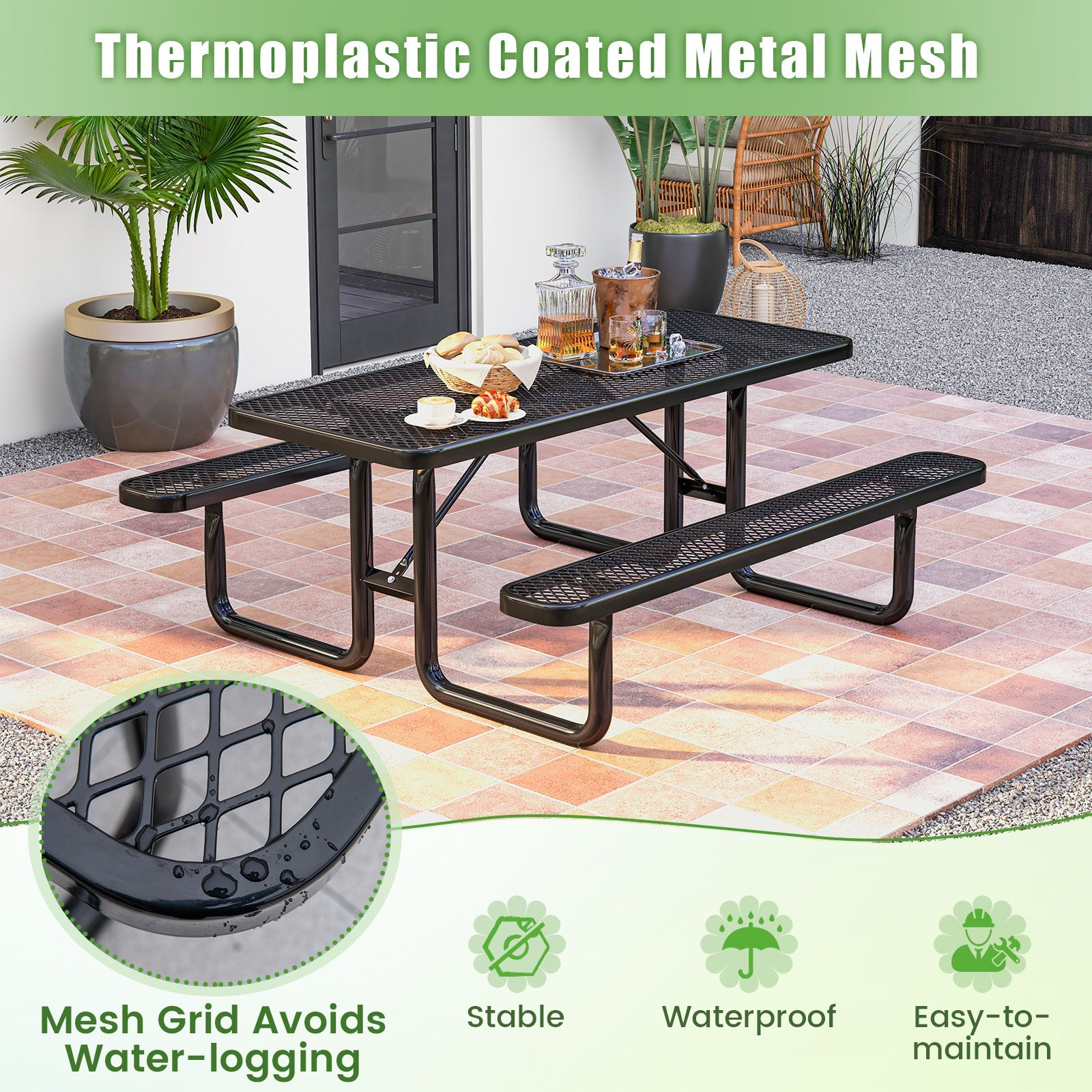 Costway Outdoor Picnic Table Bench Set for 8 Black 54367812 New