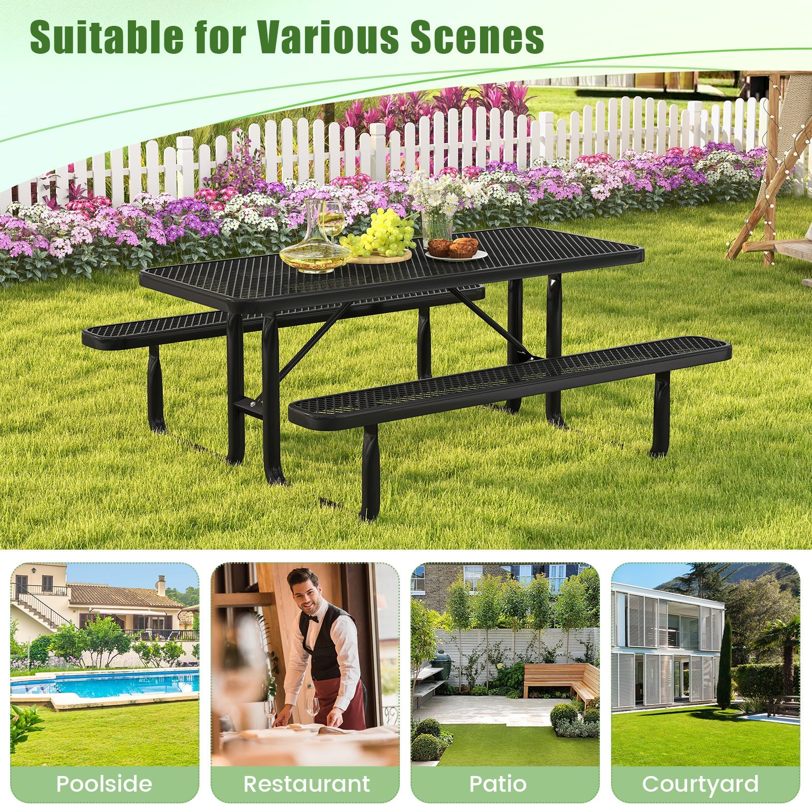 Costway Outdoor Picnic Table Bench Set for 8 Black 54367812 New