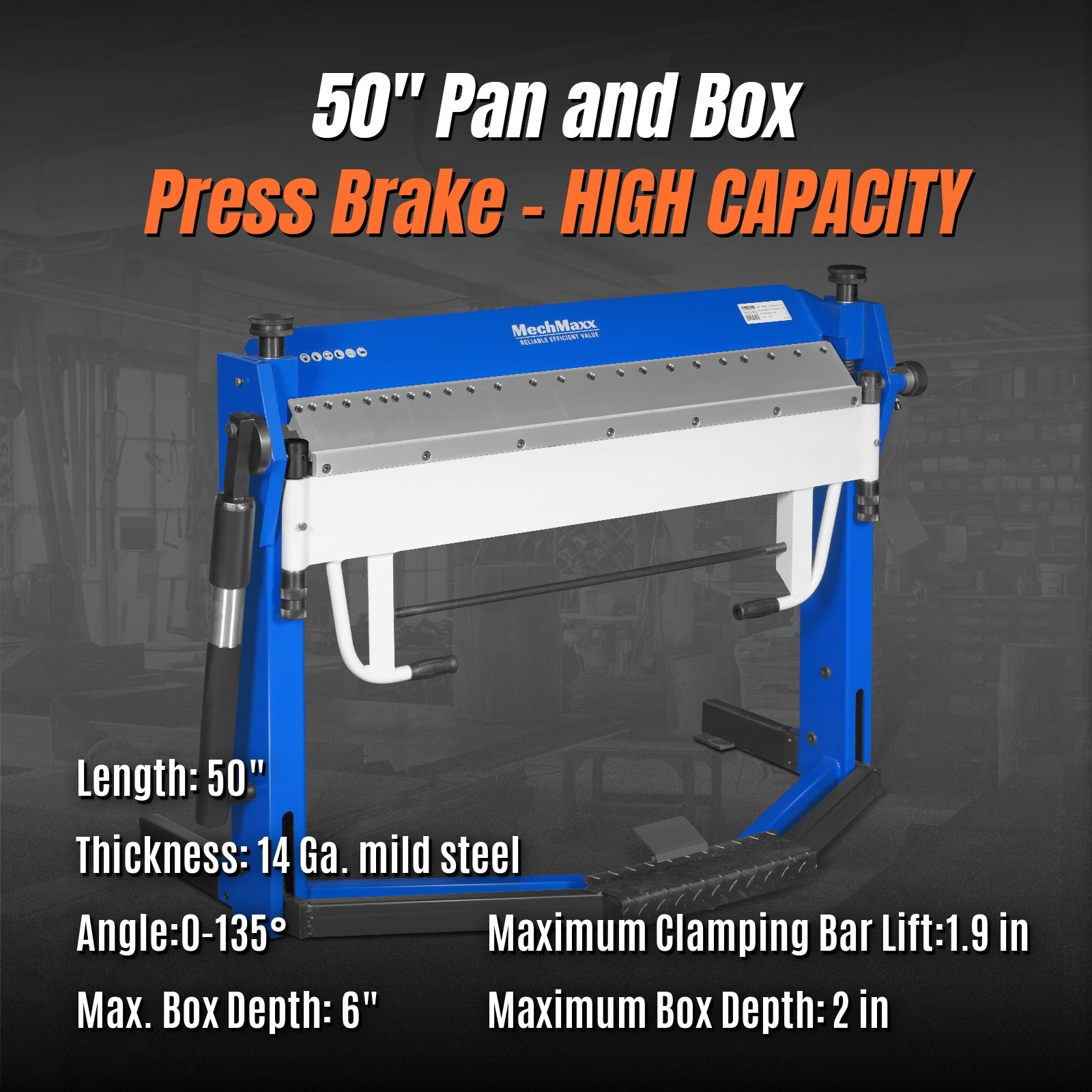 50-Inch Foot Clamp Pan and Box Brake, Light Duty Sheet Metal Folding Machine, 0–135° Bending Angle, 1.9" Clamping Lift, 2" Box Depth PBA5014