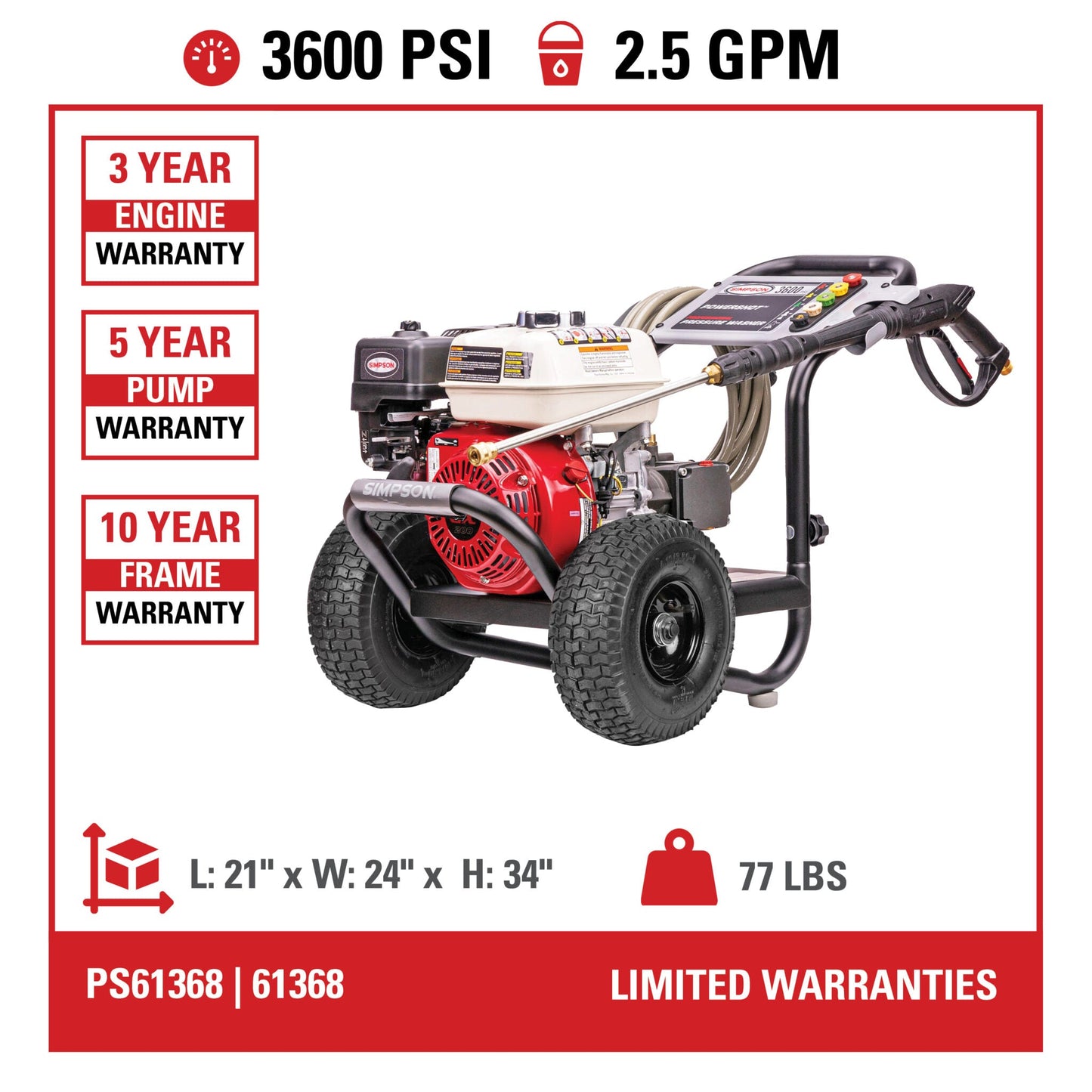 Simpson PowerShot 3600 PSI 2.5 GPM Honda GX200 PS61368 / 61368 Gas Pressure Washer New