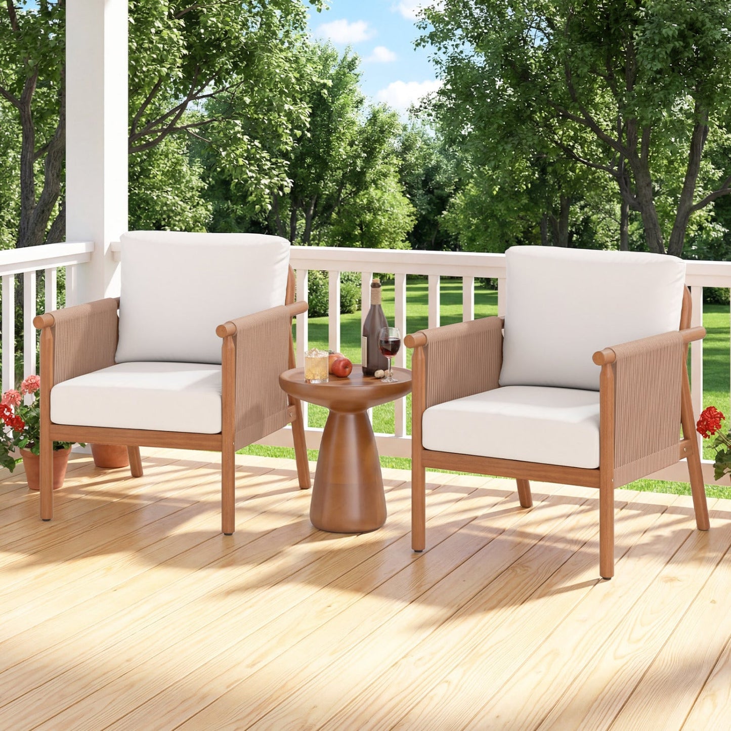 Costway Patio Acacia Wood Dining Chair Set of 4 Rope Armrests Cushions 42903549 New
