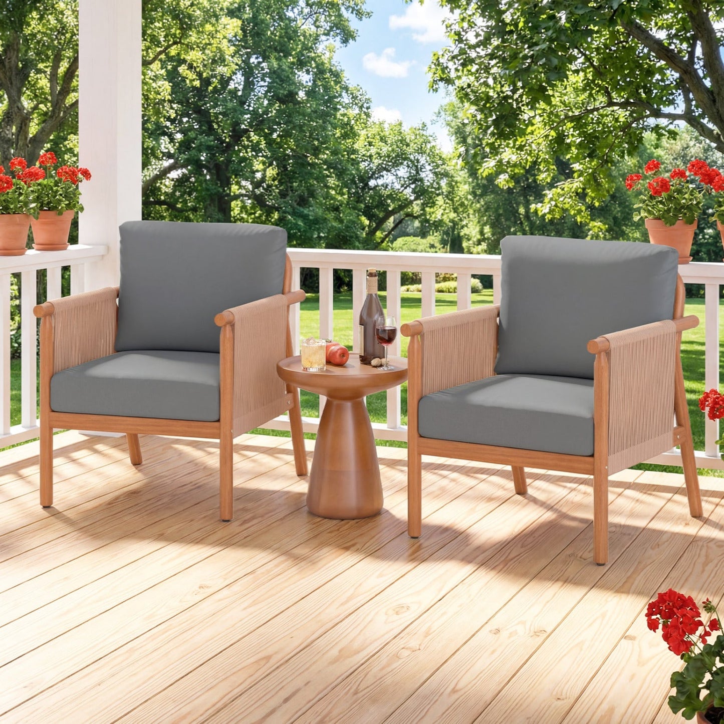 Costway Patio Acacia Wood Dining Chair Set of 4 Rope Armrests Cushions 42903549 New