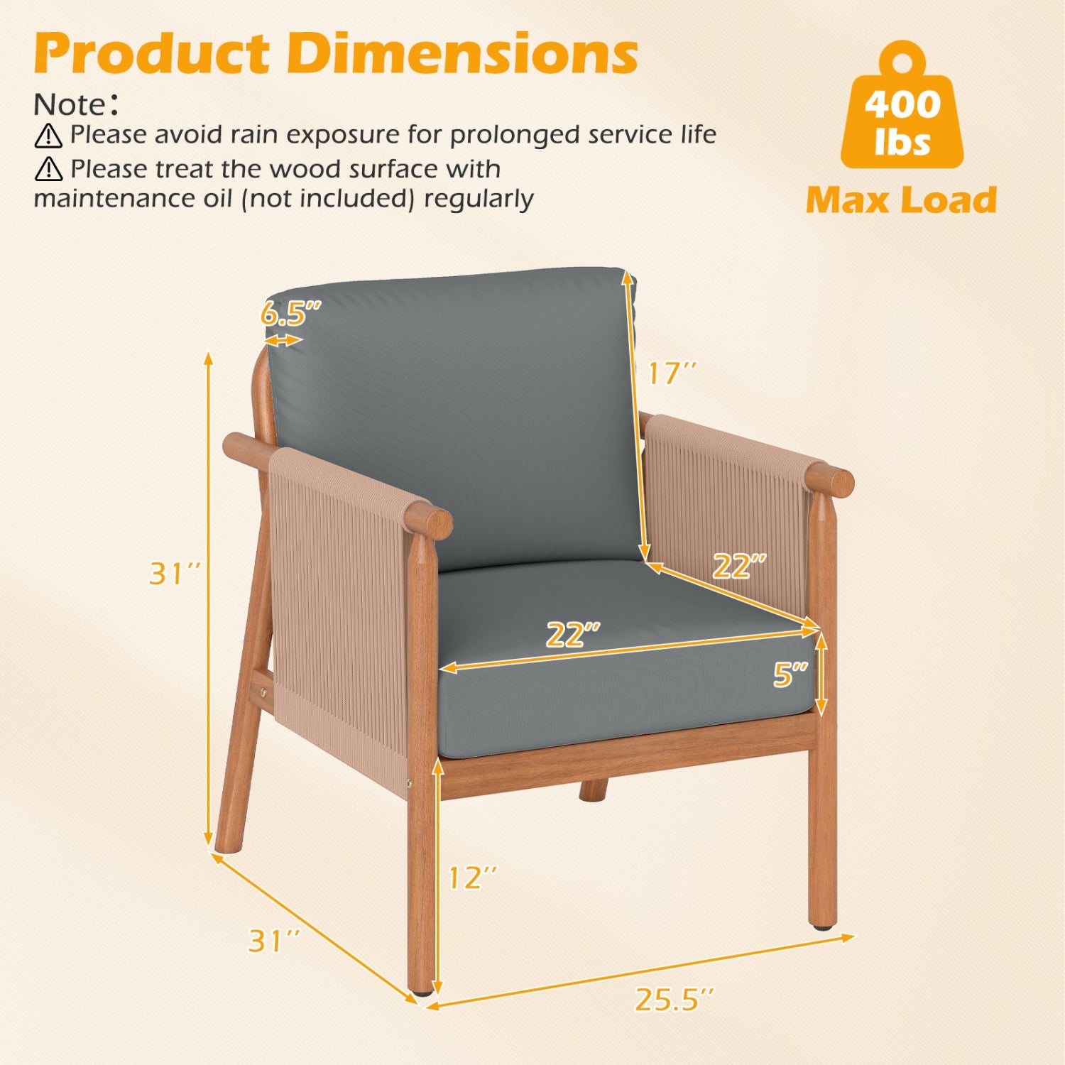 Costway Patio Acacia Wood Dining Chair Set of 4 Rope Armrests Cushions 42903549 New
