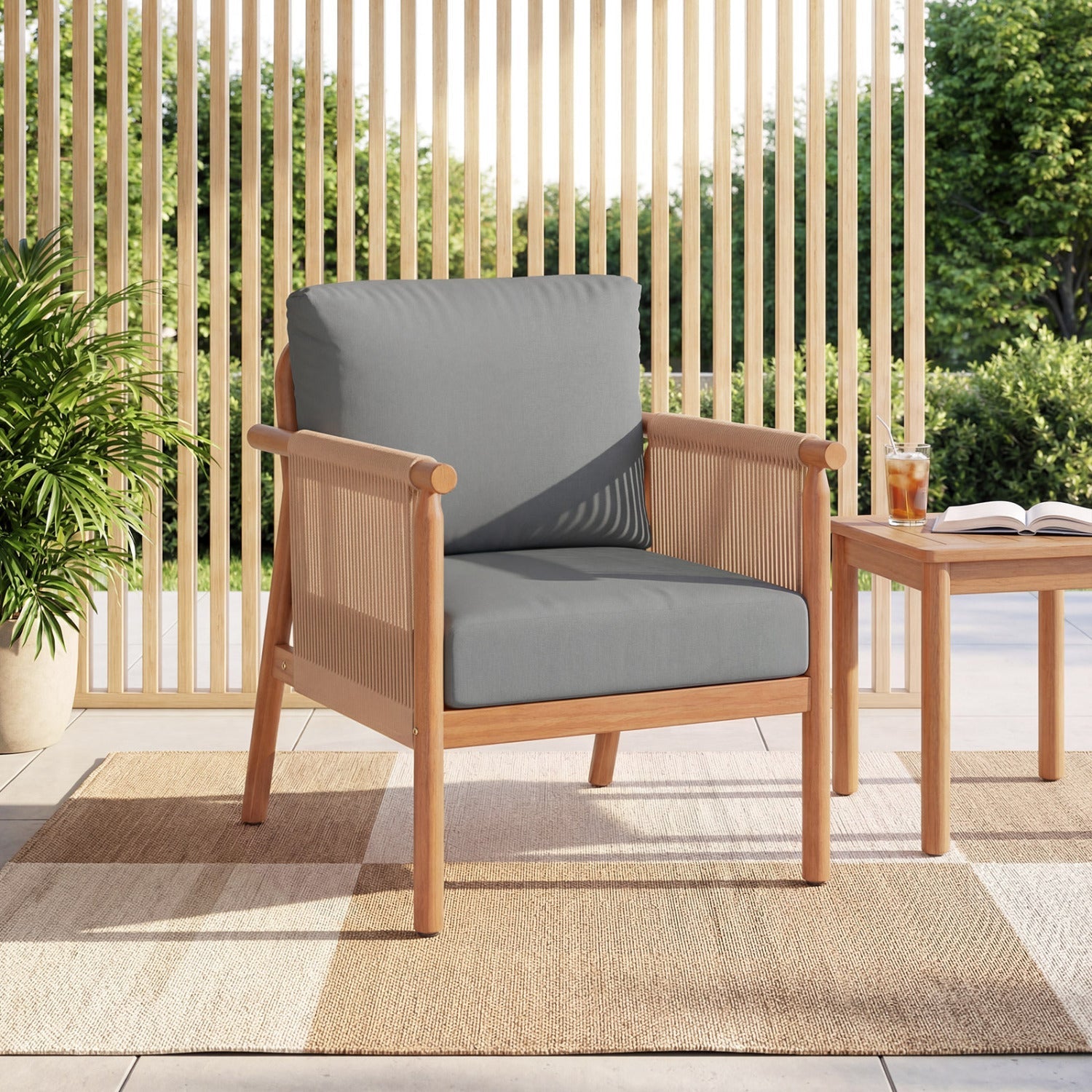 Costway Patio Acacia Wood Dining Chair Set of 4 Rope Armrests Cushions 42903549 New