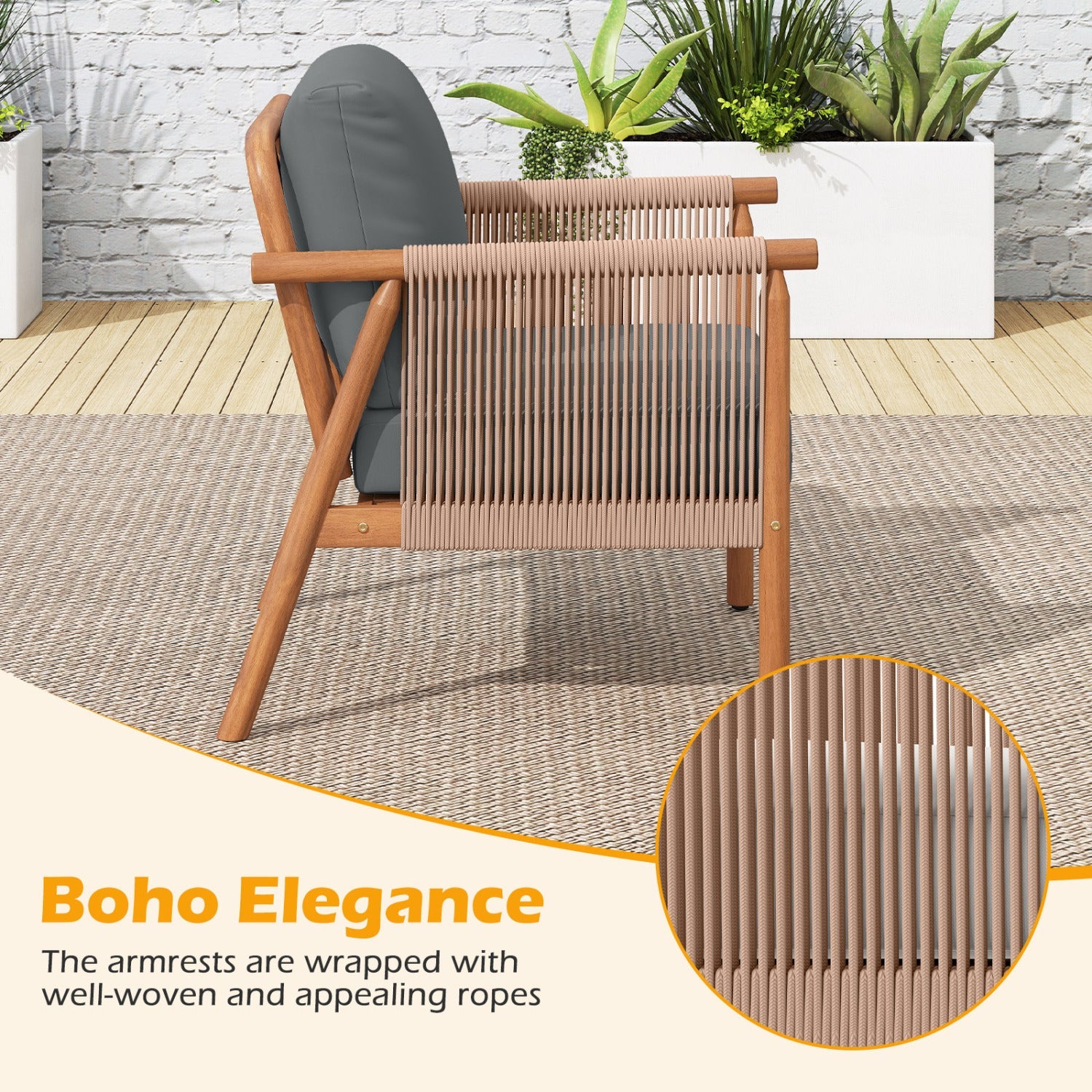Costway Patio Acacia Wood Dining Chair Set of 4 Rope Armrests Cushions 42903549 New