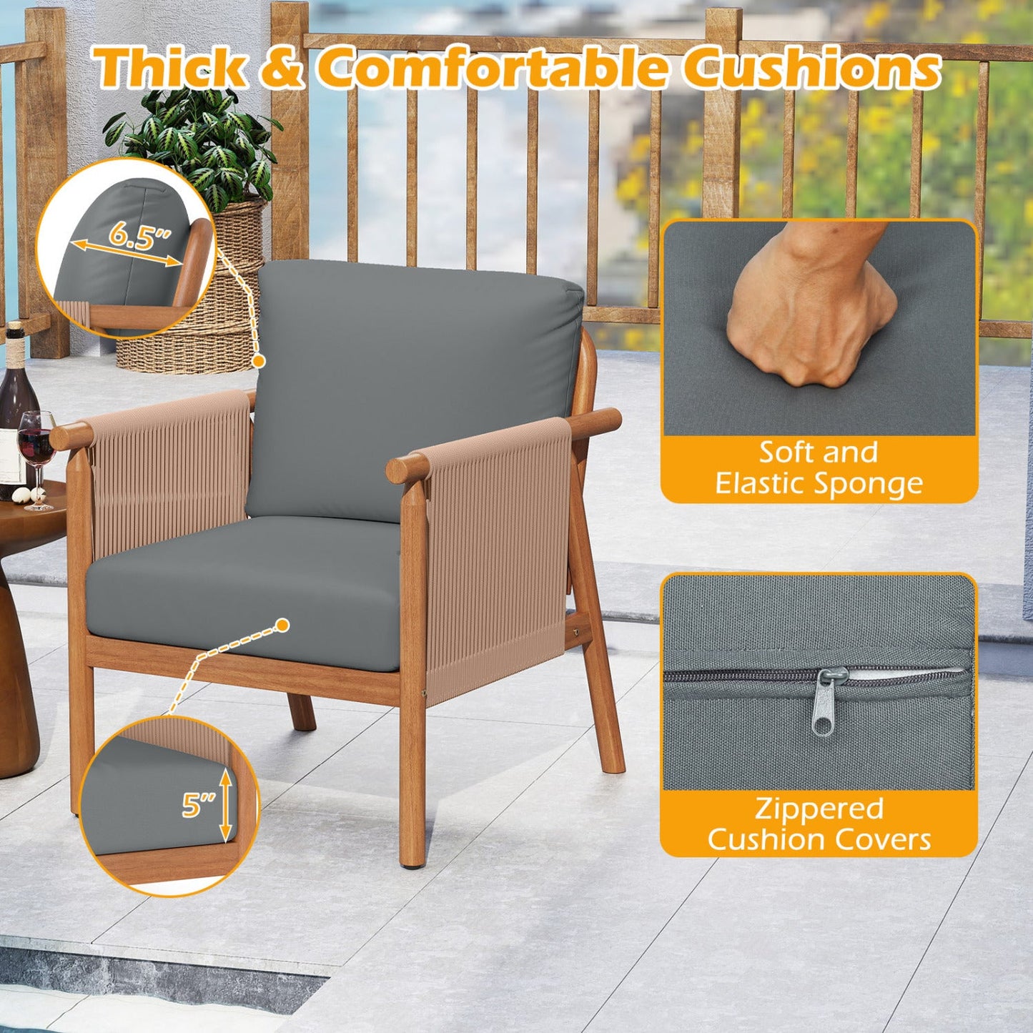 Costway Patio Acacia Wood Dining Chair Set of 4 Rope Armrests Cushions 42903549 New