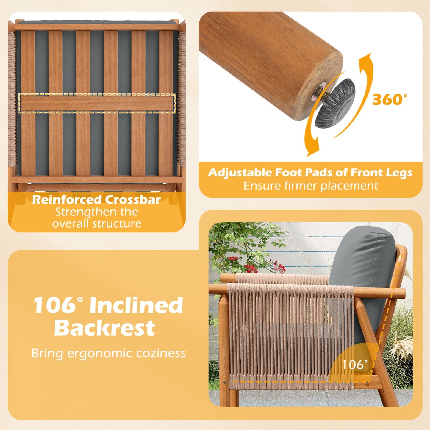 Costway Patio Acacia Wood Dining Chair Set of 4 Rope Armrests Cushions 42903549 New