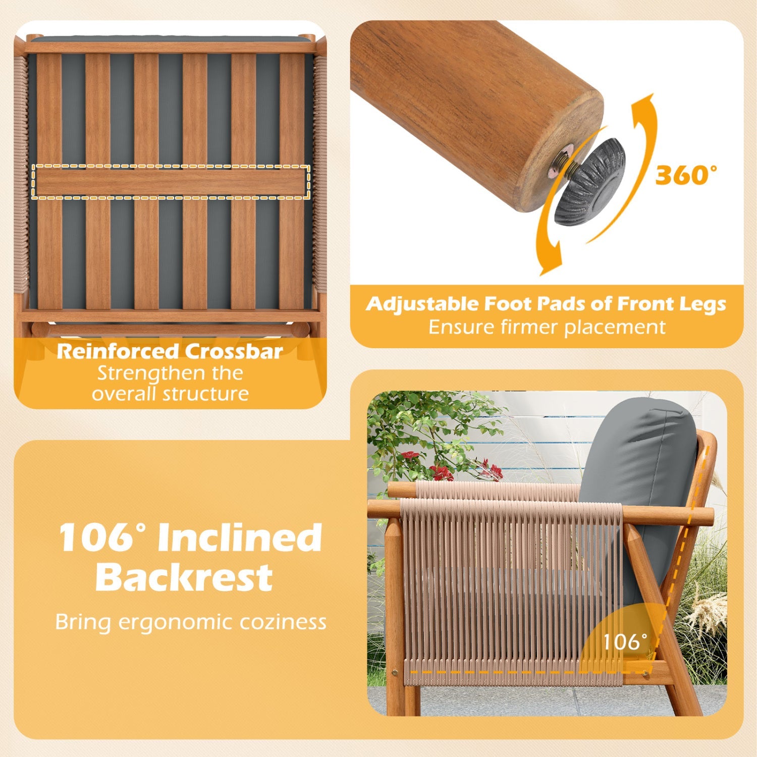 Costway Patio Acacia Wood Dining Chair Set of 4 Rope Armrests Cushions 42903549 New