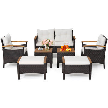 Costway 7-Piece Rattan Patio Sofa Set Acacia Wood Tabletop Armrests 83476215 New