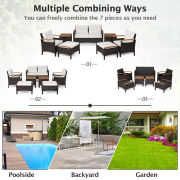 Costway 7-Piece Rattan Patio Sofa Set Acacia Wood Tabletop Armrests 83476215 New