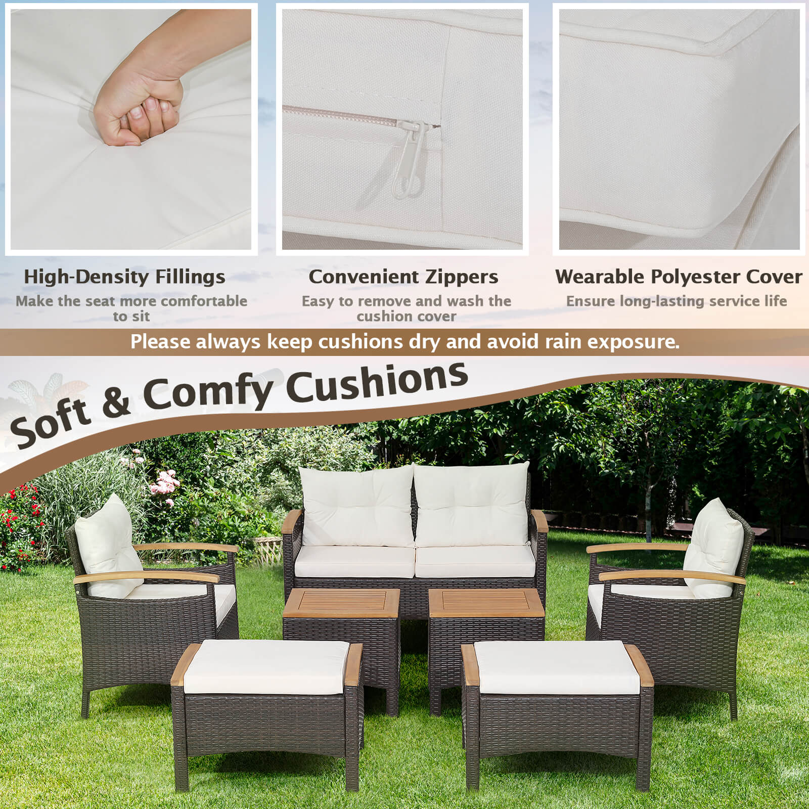 Costway 7-Piece Rattan Patio Sofa Set Acacia Wood Tabletop Armrests 83476215 New