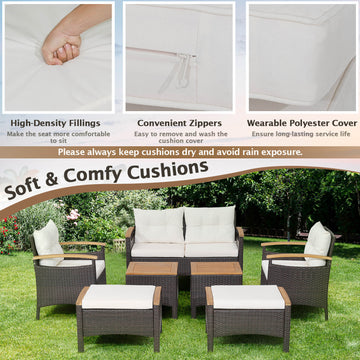 Costway 7-Piece Rattan Patio Sofa Set Acacia Wood Tabletop Armrests 83476215 New