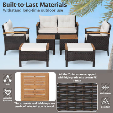 Costway 7-Piece Rattan Patio Sofa Set Acacia Wood Tabletop Armrests 83476215 New