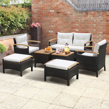 Costway 7-Piece Rattan Patio Sofa Set Acacia Wood Tabletop Armrests 83476215 New