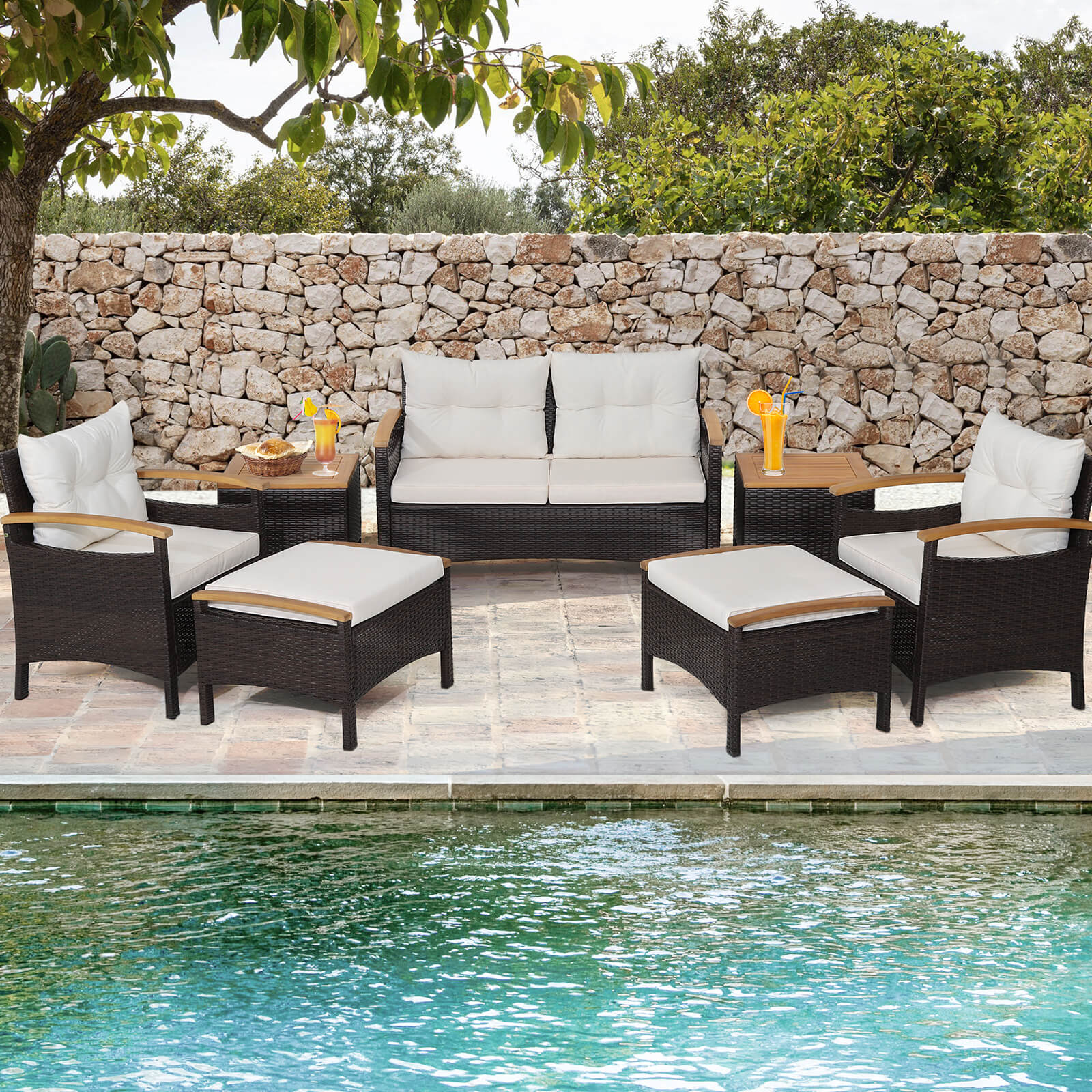 Costway 7-Piece Rattan Patio Sofa Set Acacia Wood Tabletop Armrests 83476215 New