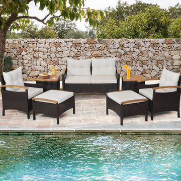 Costway 7-Piece Rattan Patio Sofa Set Acacia Wood Tabletop Armrests 83476215 New
