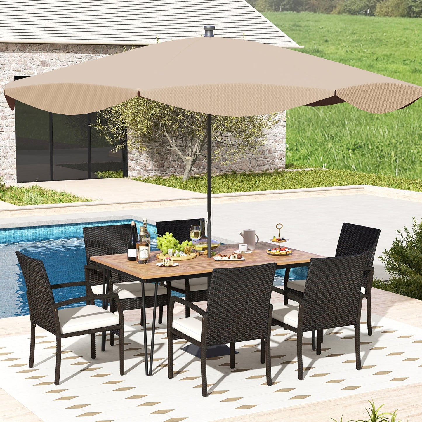 Costway 7-Pc Patio Dining Set Acacia Wood Table Porch Backyard Garden Poolside 47826935 New