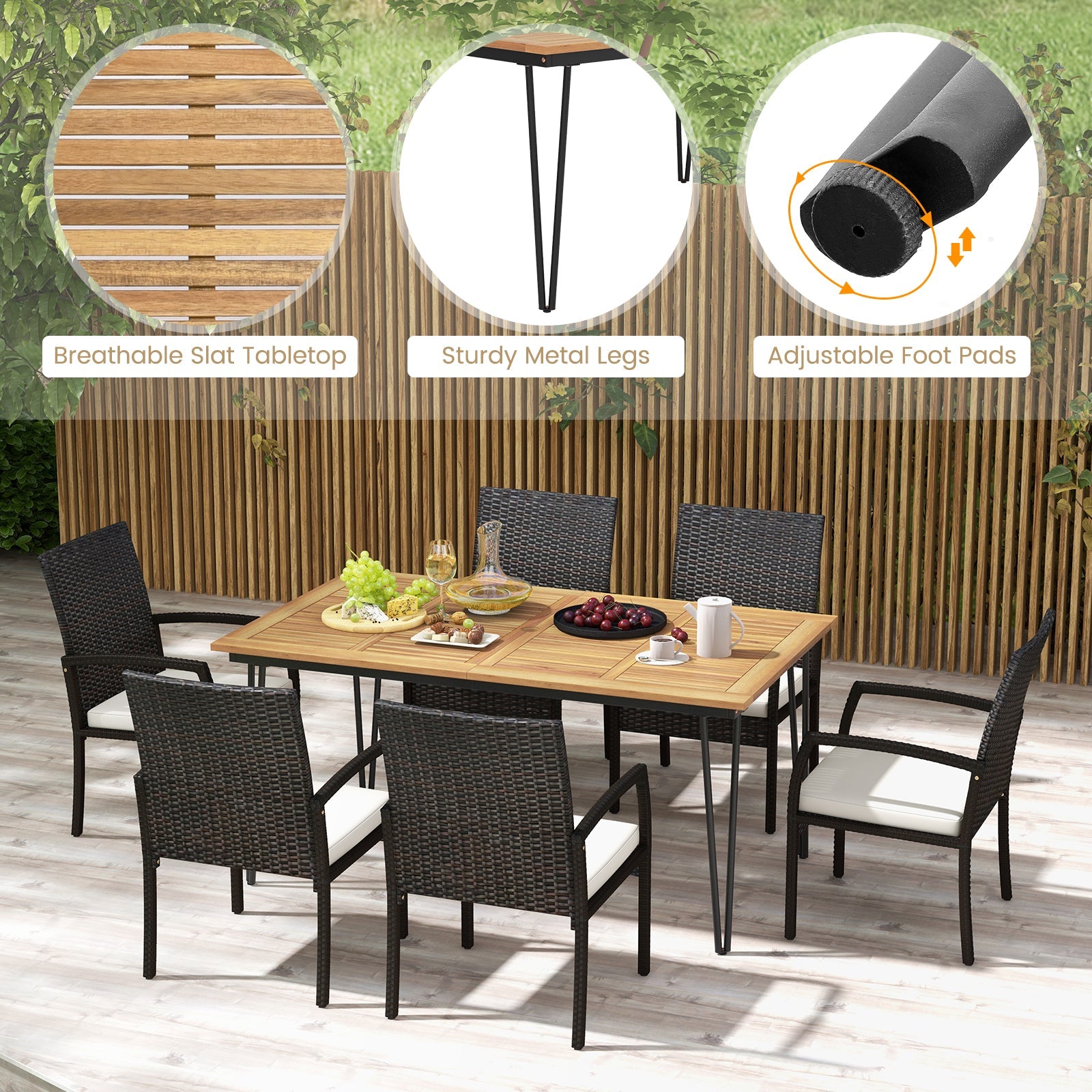 Costway 7-Pc Patio Dining Set Acacia Wood Table Porch Backyard Garden Poolside 47826935 New