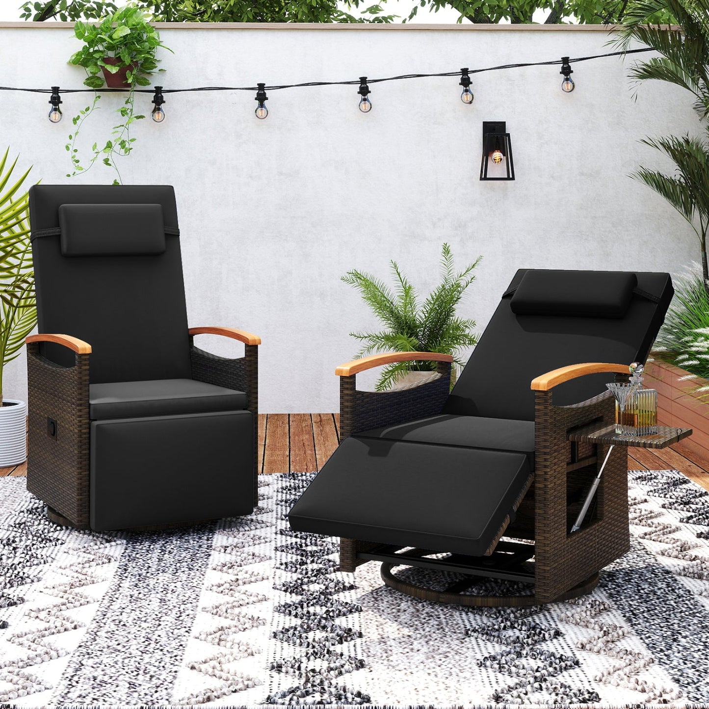 Costway Set of 2 Patio Rattan 360° Swivel Recliner Chaise Lounge Chairs Adjustable Backrest Footrest 86361582 New