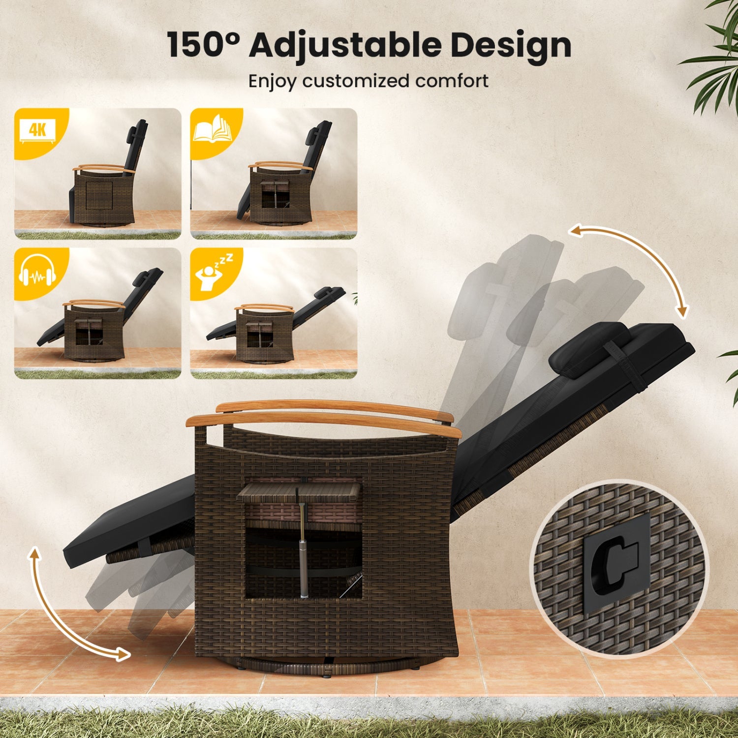 Costway Set of 2 Patio Rattan 360° Swivel Recliner Chaise Lounge Chairs Adjustable Backrest Footrest 86361582 New